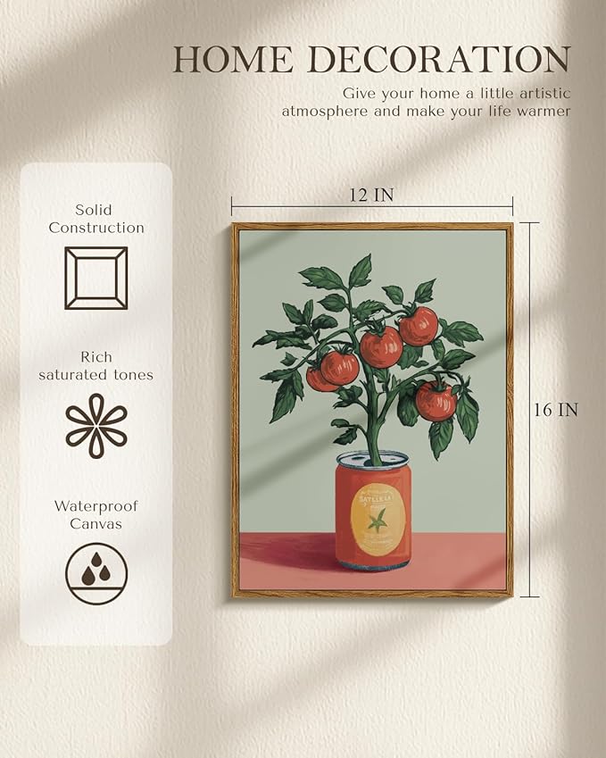 WHASAYART Retro Tomato Plant Growing from Can Framed Wall Art 12x16 Inch, Vintage Vegetable Botanical Food Canvas Print, Pantry Cafe Kitchen Dining Room Farmhouse Decor