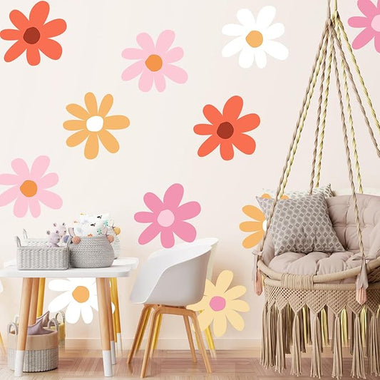 TaoBary 12 Sheet Daisy Wall Sticker Decal Removable Cute Daisy Bedroom Room Decor Flower Wall Sticker Pink White Flower Decal Wallpaper Peel and Stick for Nursery Home(Bright Color,Minimalist Style)