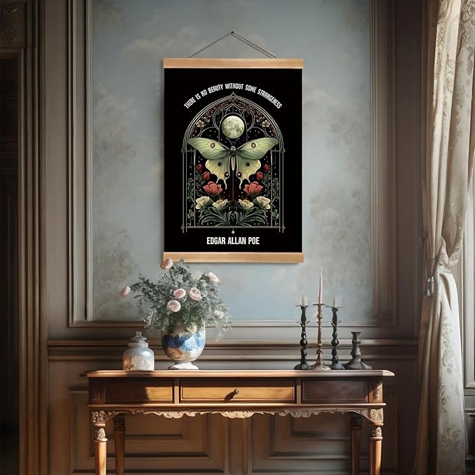 ZTGDA Gothic Butterfly Moon Wall Art Decor,Edgar Allan Poe Wall Painting Abstract Poster with Solid Wood Frame, Gothic Wall Decor,Butterflys Floral Poster for Bedroom, Office (Butterfly)