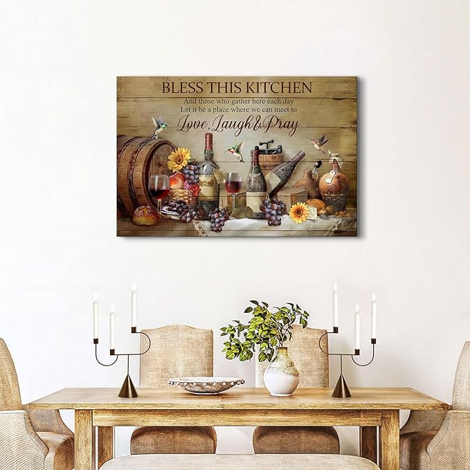 Rustic Kitchen Wall Art Farmhouse Dining Room Decor Wine Wineglass Wall Decor Positive Quotes Picture Canvas Prints Bless This Kitchen Poster Inspirational Painting Artwork Home Decoration 24x36"