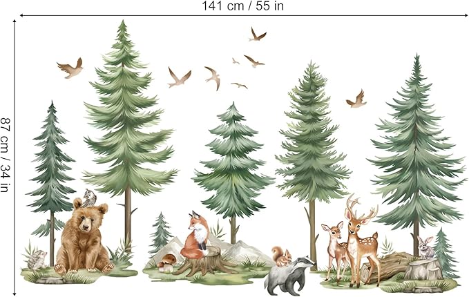 wondever Mountain Tree Wall Stickers Large Pine Tree Forest Animals Bear Deer Peel and Stick Wall Art Decals for Kids Bedroom Baby Nursery