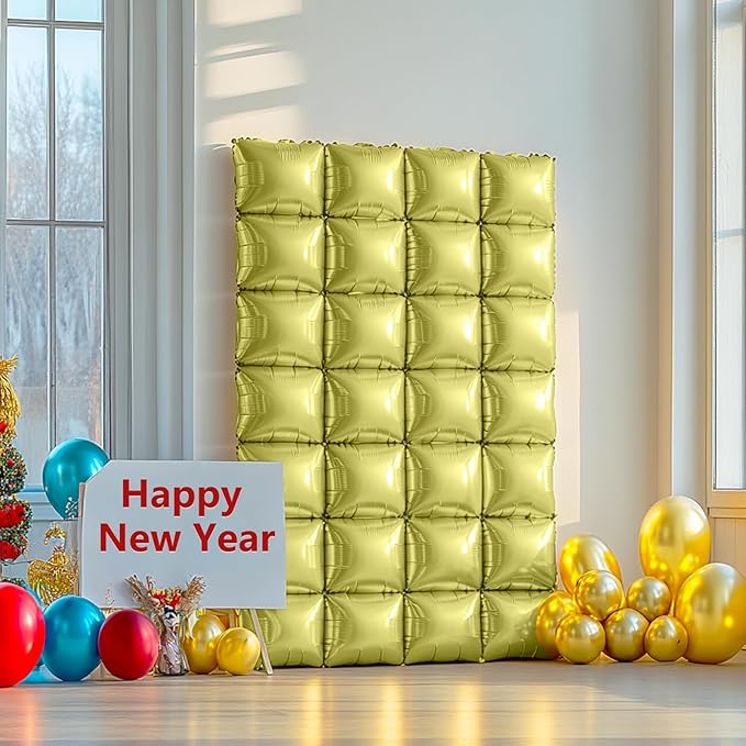 NISOCY 25PCS Light Gold Square Foil Balloons Wall Backdrop Metallic Double Sided Light Gold Christmas Balloons Tunnel Arch Kit for New Year Birthday Anniversary Wedding Graduation Party Decorations