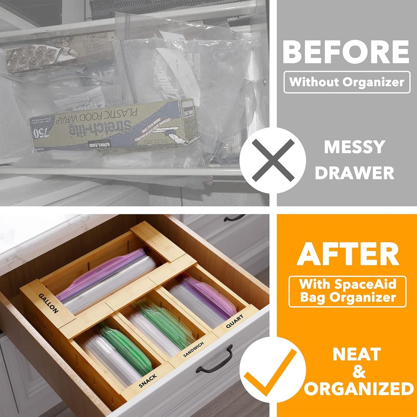 SpaceAid Bag Storage Organizer for Kitchen Drawer, Bamboo Organizer, Compatible with Gallon, Quart, Sandwich and Snack Variety Size Bag (4 Pack), 2.5" High