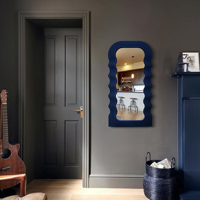 Funky Wall Mirror Decor for Hallway Entryway, 14x28 Asymmetrical Decorative Mirrors for Home Office Living Room, Maximalist Home Decor for Housewarming Christmas Wedding Gift (Dark Blue)