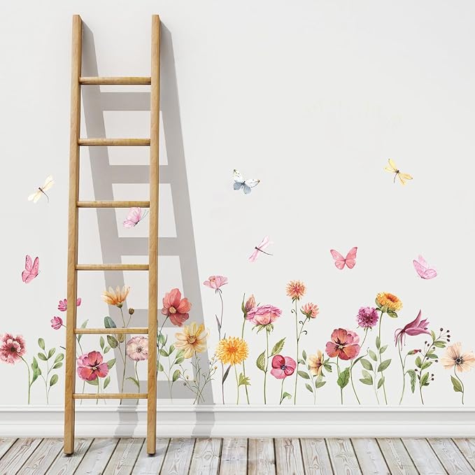 Watercolor Garden Flower Wall Decals, Peel and Stick Creative Colorful Butterfly Floral Wall Stickers, Multicolor Wildflower Wall Decor for Girls Room Nursery Bedroom Window