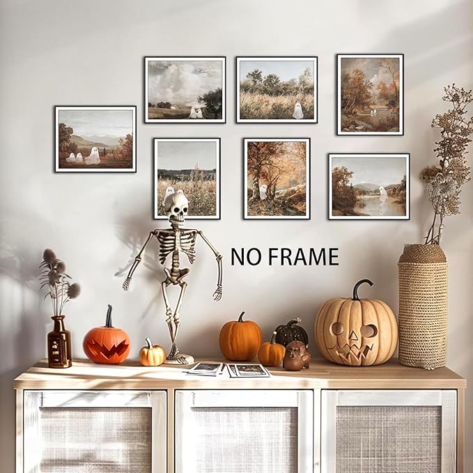 Mynotix Funny Halloween Poster Set of 7, Cute Ghost Country Landscape Wall Art, Vintage Haunted Forest Canvas Painting Print Pictures for Bedroom Living Room Dorm Unframed 12x16 inch