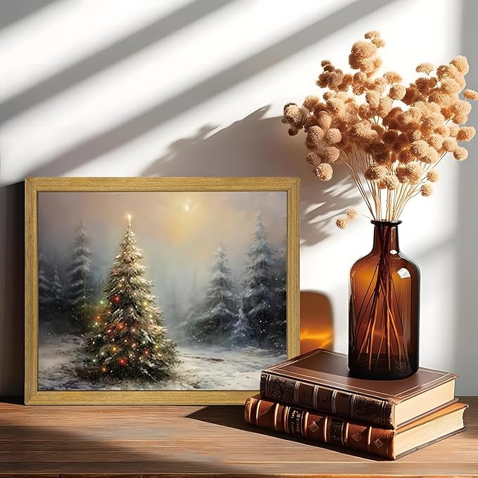 Vintage Christmas Wall Art, Vintage Pine Tree Canvas Wall Decor Painting, Rustic Winter Tree Print, Botanical Winter Art, for Table Farmhouse Mantel Home Office 8x10 Inch Wood Framed