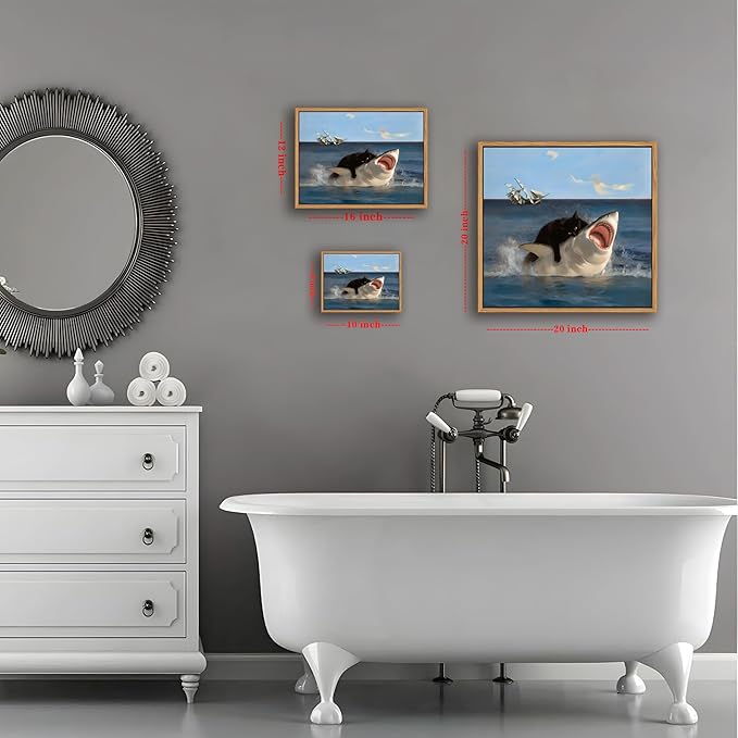 Floating Framed Black Cat Wall Art, Funny Quirky Cat and Shark Pictures Canvas Print, Abstract Black Cat Shark Posters Wall Decor for Room Bedroom Living Room Bathroom Aesthetic 8x10 inch