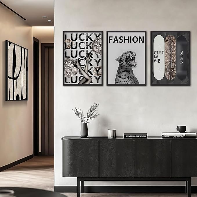 Trendy Leopard Wall Art Fashion Cheetah Lucky Skateboard Wall Decor Pictures Funky Vintage Preppy Luxury Aesthetic Posters Prints for Girly Bedroom Apartment Dorm Decoration Unframed 16x24in