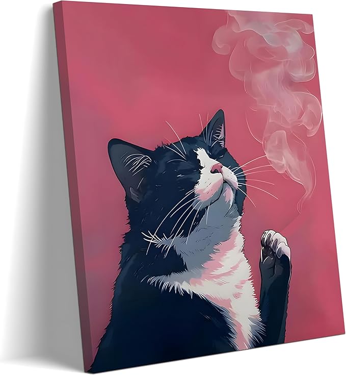 Framed Funny Black Cat Wall Art Canvas Print, pink Cool Cat Illustration Poster Wall Decor, Quirky Modern Cat Artwork for Living Room Bedroom Bathroom Kitchen Decor 12x16 Inch