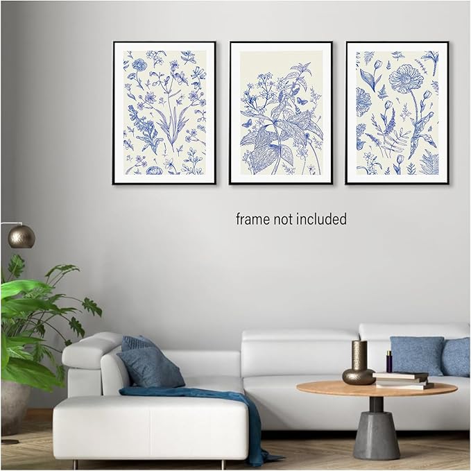 LYPHNX Blue White Chinoiserie Floral Poster Wall Art Navy Watercolor Flower Canva Painting Set of 3 Minimalist Botanical Wildflower Prints Picture Home Decor for Bedroom Living room 16"x24" UnFramed
