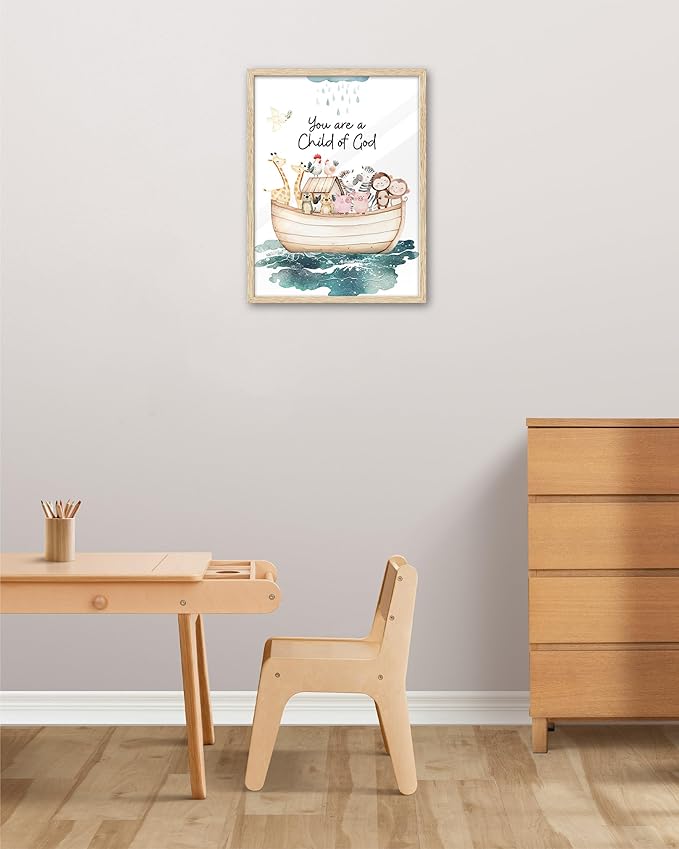 KensTro Natural OAK Wood Noah Ark Framed Wall Art, 12x16 in Being Loved By God,Ark Guardian Animal Christian Bible Verse Canvas Art,You Are a Child of God,Set of 1 Decor Painting for Children's Space