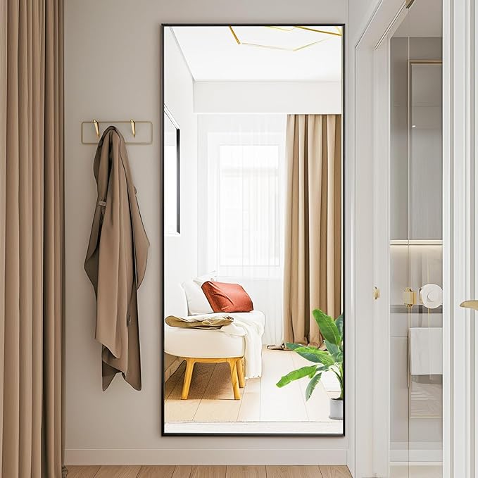 DUMOS Full Length Mirror with Stand, 65"x24" Floor Mirror with Aluminum Alloy Frame for Bedroom, Standing Full Body Mirror with Shatter-proorf Nano Glass for Wall, Living Room, Cloakroom, Black