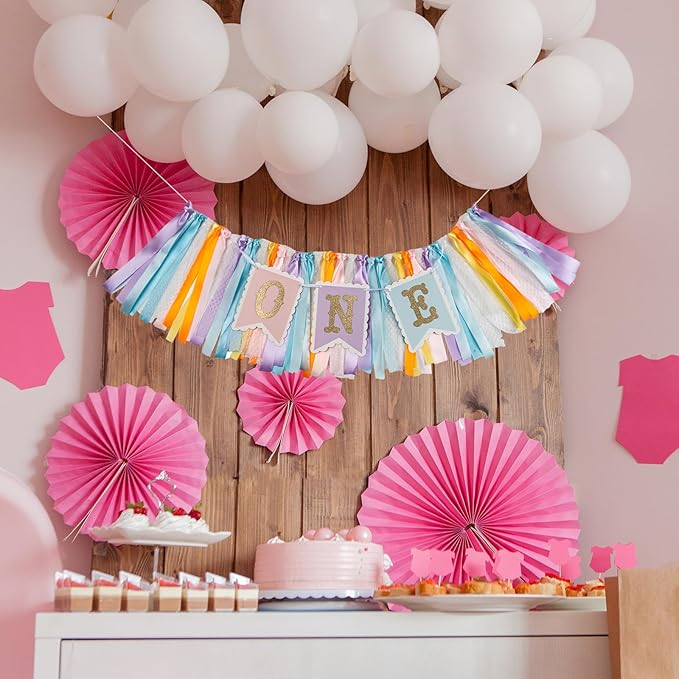 Rainbow High Chair Banner for 1st Birthday - Macaron Color "ONE" Garland with Tulle for Baby Girl Smash Cake Photo, First Birthday Party Decorations