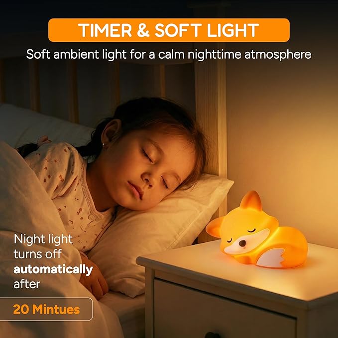 Sleeping Fox Night Light, Rechargeable Silicone Fox Lamp with Timer & Dimmable Warm Light, Cute Animal Nightlight for Bedroom, Nursery Decor & Gift