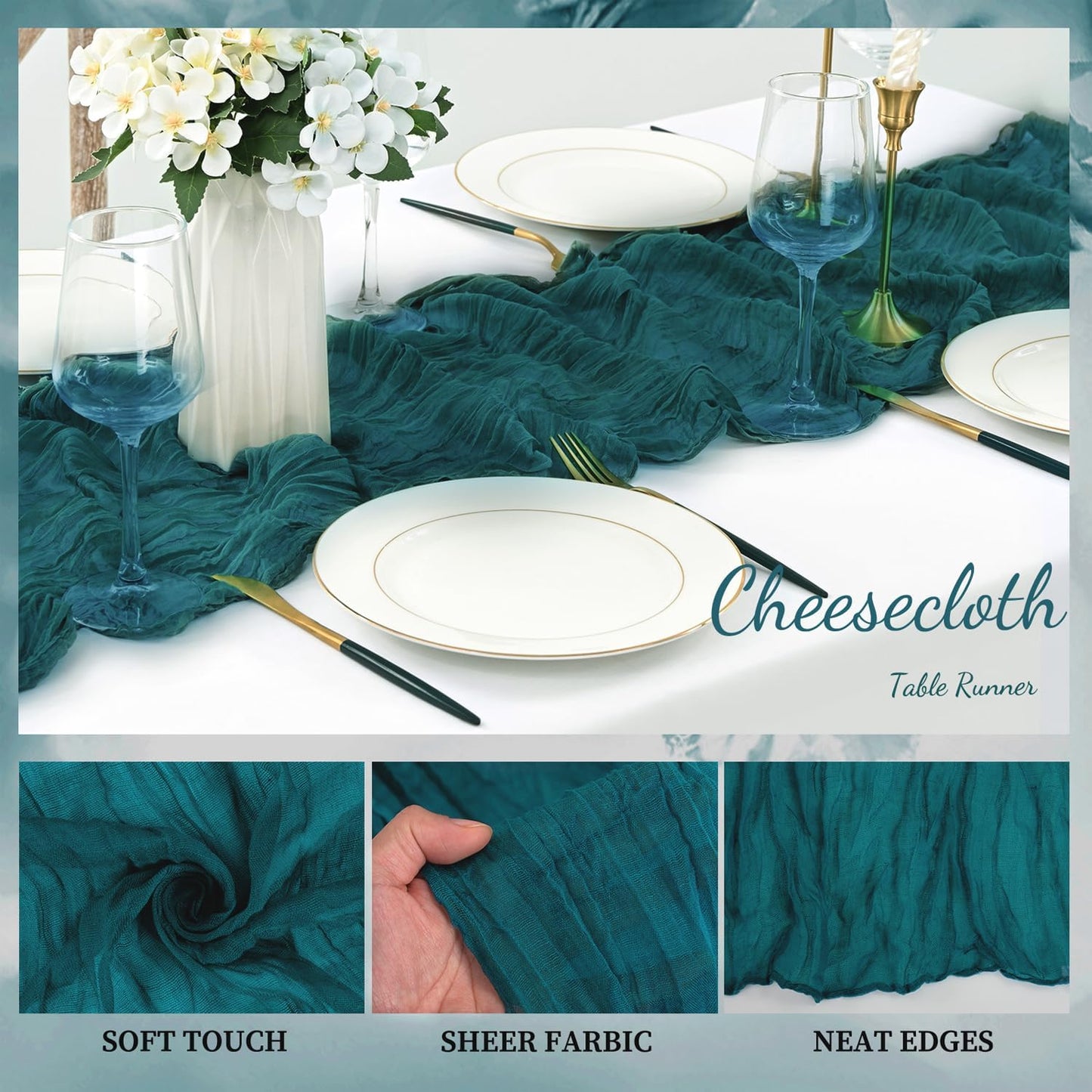 6 Pack Teal 10FT Cheesecloth Table Runner Rustic Gauze Cheese Cloth Table Runner for Wedding Bridal Baby Shower Table Decorations Boho Fabric Sheer Birthday Party Table Decor 20 x 120 Inch Long
