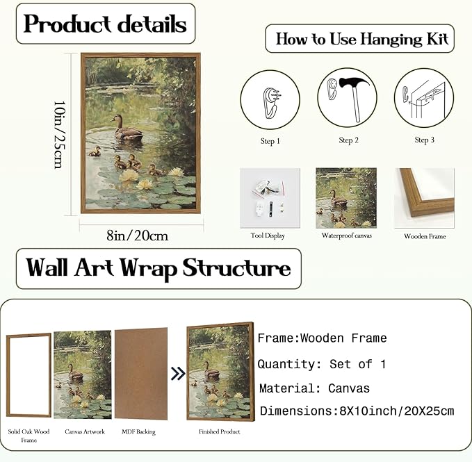 Framed Vintage Duck Canvas Wall Art, Rustic Farmhouse Animal Family Pictures Wall Decor, Country Nature Pond Paintings Prints Cottagecore Home Decor for Living Room Bedroom Bathroom 8x10 inch