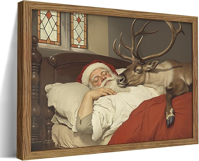Framed Santa Christmas Wall Decor, Vintage Santa Reindeer Wall Art, Rustic Christmas Pictures Decor, Winter Holiday Paintings Artwork, Christmas Canvas Print for Home Decorations – 12x16in