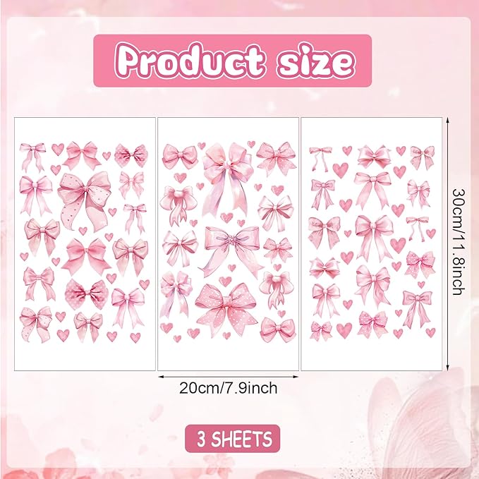 Glow in The Dark Pink Bow Wall Stickers Glowing Luminous Light Pink Bow Knot Wall Decals Watercolor Coquette Wall Art Decor Wallpaper for Nursery Kindergarten Girls Bedroom