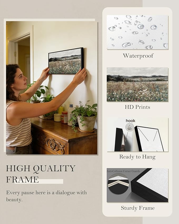 SHENIFY Vintage Landscape Framed Wall Art Meadow Flowers Farmhouse Decor Retro Classic Painting for Kitchen Bedroom Living Room Bathroom - 8x16in Black Framed