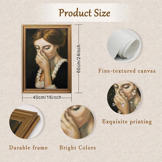 Aroutde Framed Funny Bathroom Canvas Wall Art, Gold Framed Toilet Paint Classical Mid Century Style Wall Decor Humorous Woman Covering Nose Printing for Restroom (24L''x16W'')