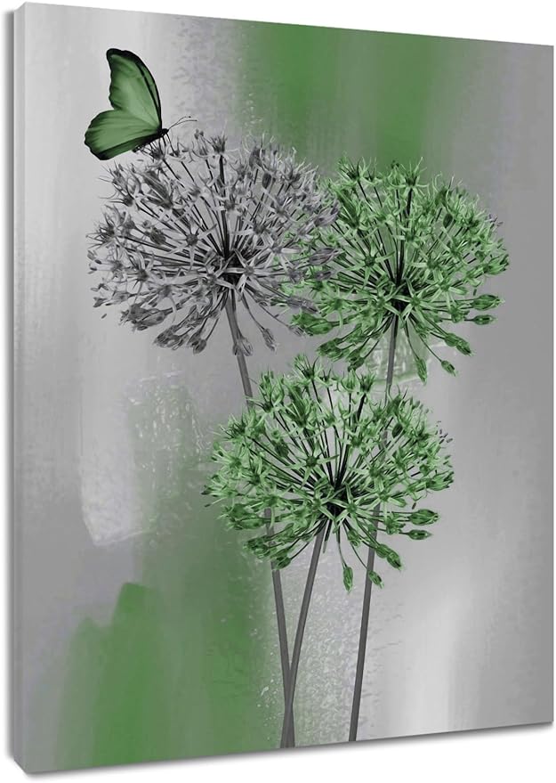 LB Green Dandelion Wall Art Green Grey Dandelion with Butterfly Canvas Wall Art Modern Abstract Wall Art Decor for Living Room Bedroom Bathroom Office Framed Ready to Hang 10L x 8W