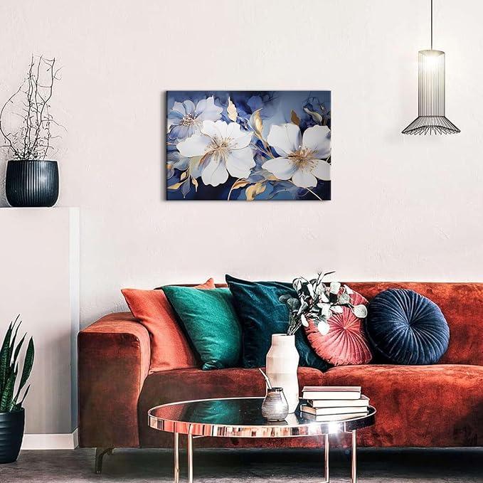Abstract Flower Canvas Wall Art Blue and Gold Wall Decor Modern Marble Floral Picture Canvas Prints for Living Room Bedroom Watercolor Botanical Poster Painting Artwork Framed Home Decorations 16x24