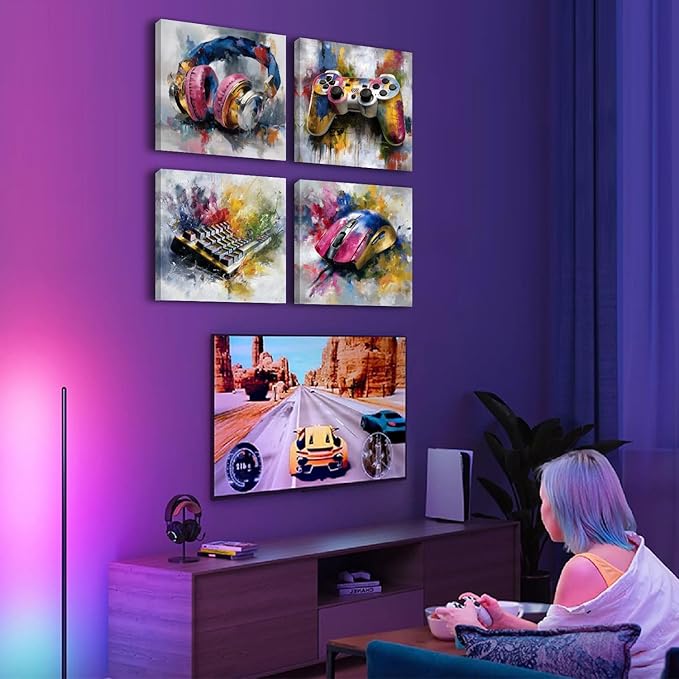 Gamer Canvas Wall Art Boys Gaming Wall Decor Colorful Abstract Gamer Decor for Teens Boy Bedroom Games Zone Theme Pictures Canvas Prints Cool Posters Video Game Painting Artwork Decorations 16x16”