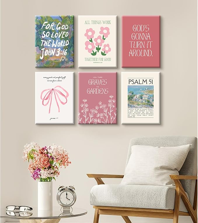 Christian Wall Art Coquette Aesthetic Decor Poster Pink Bow Canvas Wall Art Bible Verse Scripture Poster Religious Floral Prints Picture Christian Artwork for Living Room Bedroom 8x10x6 Ready to Hang
