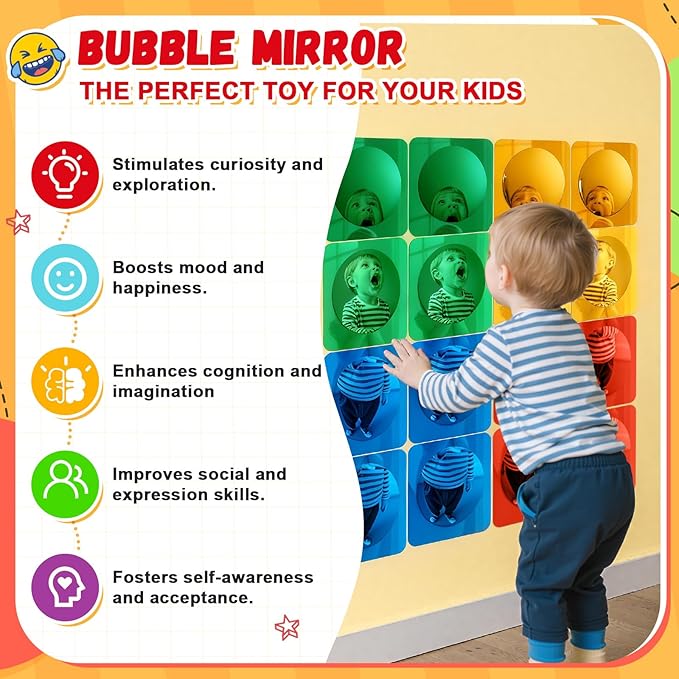 Geiserailie 16 Pcs Sensory Wall Mirror Acrylic Bubble Mirror Toys for Calming Corner Items - Sensory Room Have Visual, Tactile Stimulation (6 x 6 Inch,Red,Yellow,Green,Blue)
