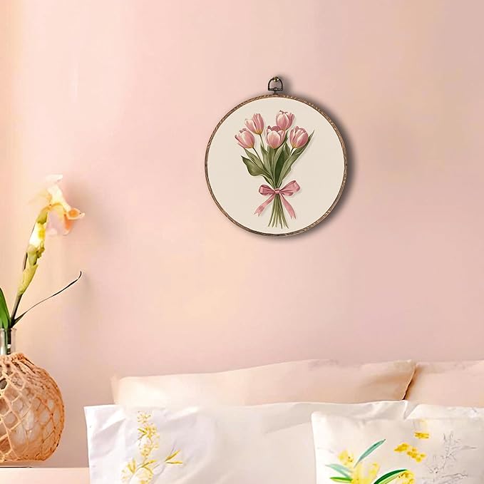 Pink Coquette Bow Tulip Bouquet Floral Round Wall Art Framed, Pink Floral Round Wall Decor, Vintage Flower Hanging Canvas Prints Wall Sculptures for Home Bedroom Living Room Decor, 10x10 Inch