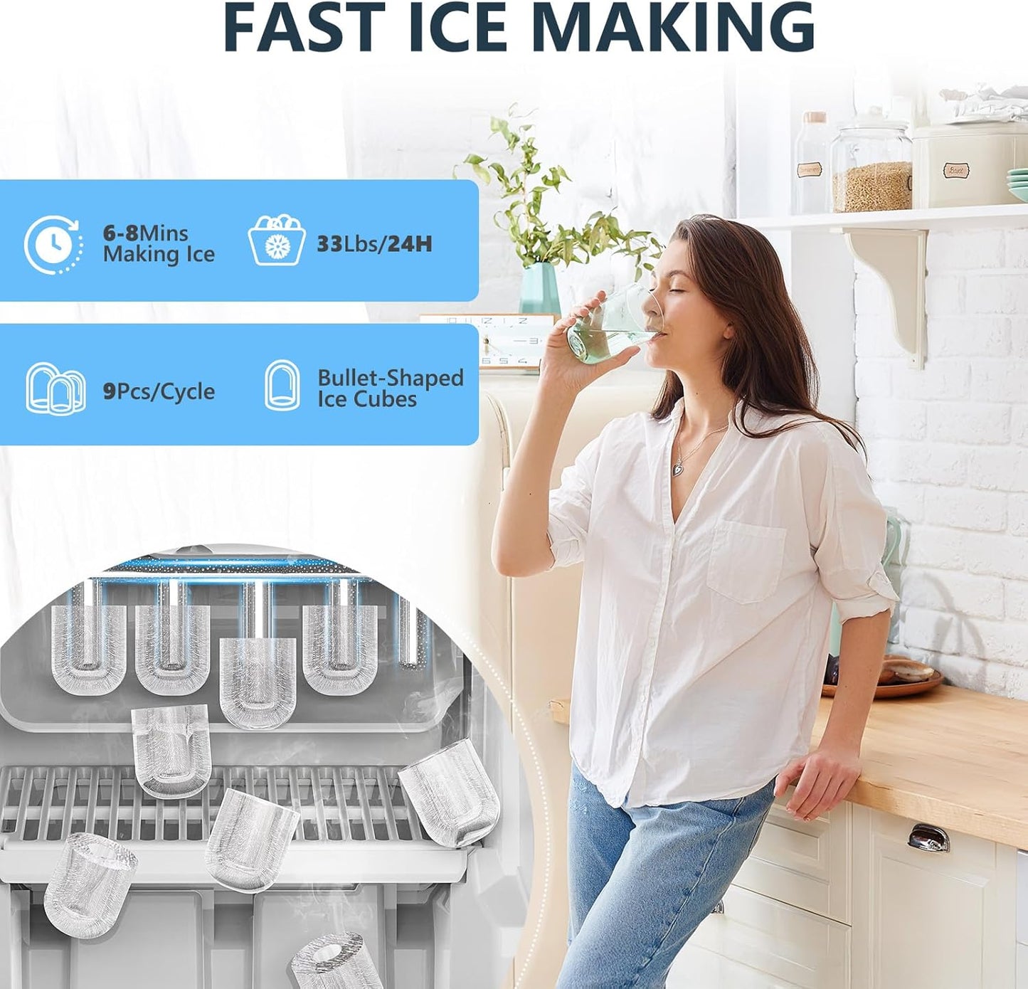 COWSAR 3-in-1 Water Cooler with Ice Maker, Hot & Cold Top Loading, Water Dispenser for 5 Gallon Bottle, 33LBS/24H Ice Maker with Child Safety Lock, Black