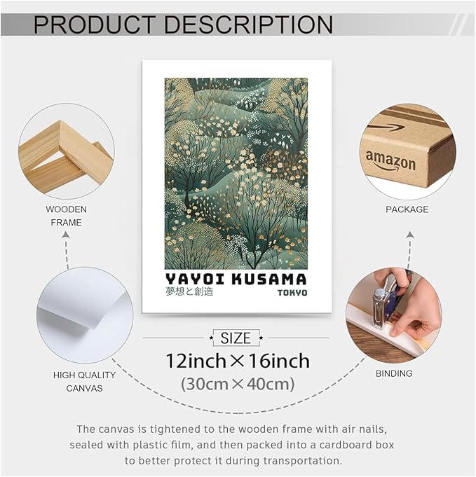 Yayoi Kusama Inspired Poster Japanese Botanical Wall Art Abstract Yayoi Kusama Print Modern Ukiyo-e Japanese Gallery Wall Decor 12x16in Framed for Home Bedroom Decorations