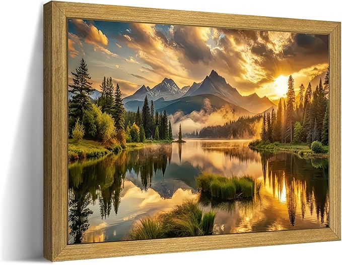 Framed Canvas Wall Art 8x10 Inch, Vintage Landscape Wall Art Decor, Countryside Farmhouse Sunset Landscape Wall Decor, Retro Mountain Vintage Painting Prints for Living Room Bedroom Home Bathroom Decor