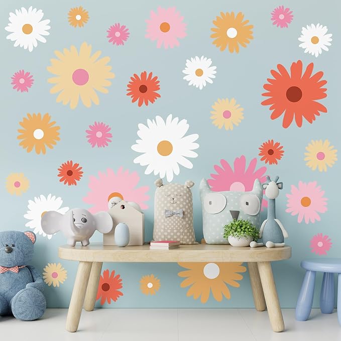 TaoBary 12 Sheet Daisy Wall Sticker Decal Removable Cute Daisy Bedroom Room Decor Flower Wall Sticker Pink White Flower Decal Wallpaper Peel and Stick for Nursery Home(Bright Color,Artsy Style)