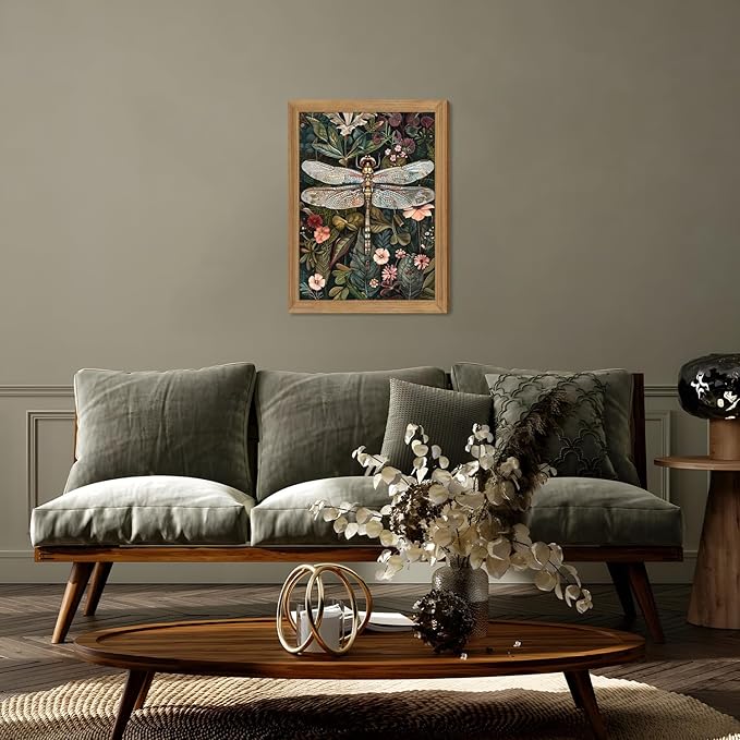 Framed Vintage 3D Textured Wall Art - Dark Green Dragonfly Flowers Wall Decor - Hand Drawn Sandstone Nature Botanical Pictures for Living Room Bedroom Home Decor 12x16in