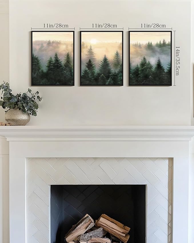 Drsoum Green Fog Pine Tree Landscape Wall Art Framed Nature Misty Nordic Forests Prints Morden Farmhouse Rustic Artwork Hallway Bedroom Ready to Hang 11x14in Black Framed