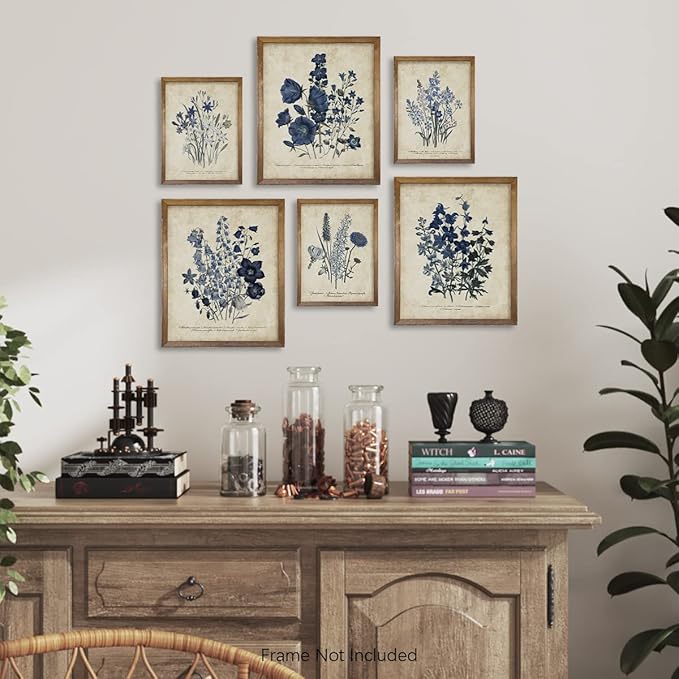 Watercolor Vintage Flower Poster Print - Rustic Modern French Country Cottagecore Wall Art - Primitive Blue Magnolia Leaves Pictures Gallery Gift - Farmhouse Plant Botanical Floral Kitchen Room Decor