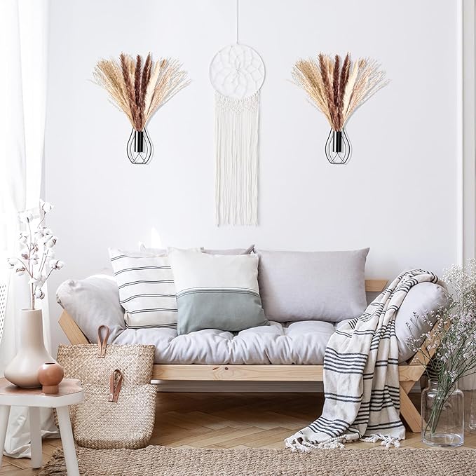 Otoolling Boho Wall Decor Set of 2 – Metal Hanging Wall Art with Faux Pampas,Minimalist Bohemian Accent for Living Room, Bedroom, Entryway(Black)