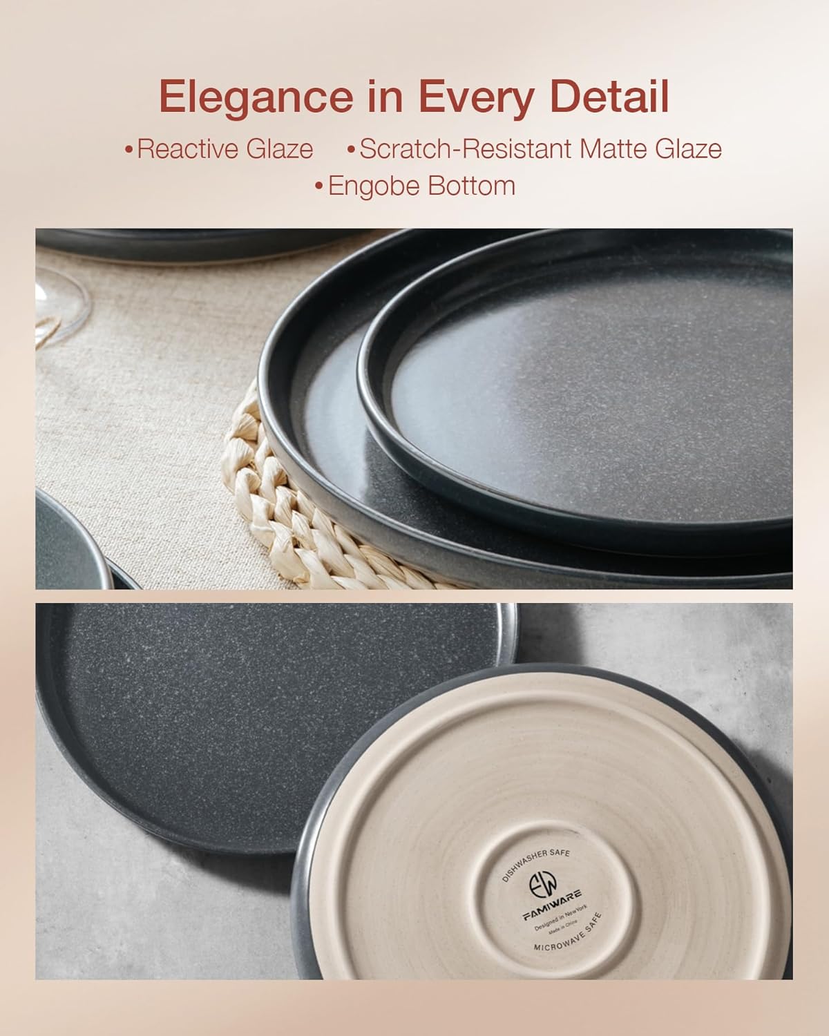 Famiware Milkyway Plates and Bowls Sets, 24 Pieces Dinnerware Sets, Reactive Glaze Dish Set, Stoneware Dishes Set for 8, Matte Dark Charcoal