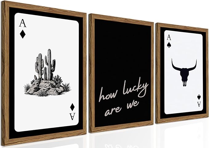 Western Wall Art Set of 3, Southwestern Cowboy Playing Card Wall Decor, Longhorn Bull Skull and How Lucky are We Poster Canvas Painting Prints for Bedroom Living Room 16x24 inch Wood Framed