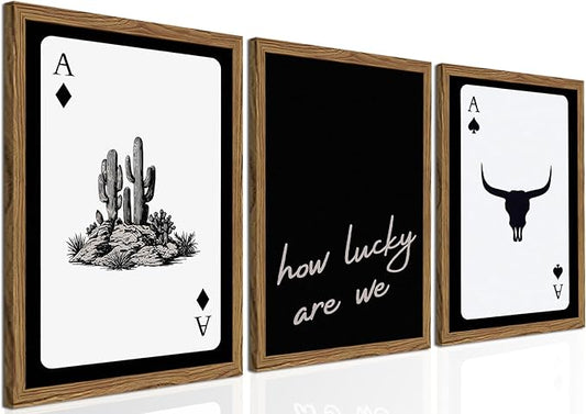 Western Wall Art Set of 3, Southwestern Cowboy Playing Card Wall Decor, Longhorn Bull Skull and How Lucky are We Poster Canvas Painting Prints for Bedroom Living Room 16x24 inch Wood Framed