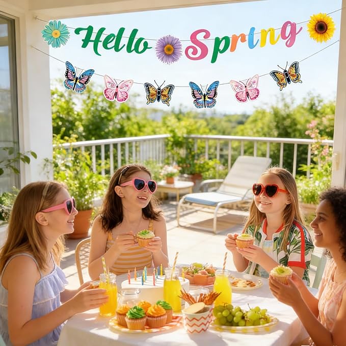 Hello Spring Banner and Butterfly Garland Set Spring Classroom Decor, Garlands for Mantle & Home Decor, Colorful Floral Butterfly Spring Banner for Party, Classroom, Mantel, Wall & Porch Decor