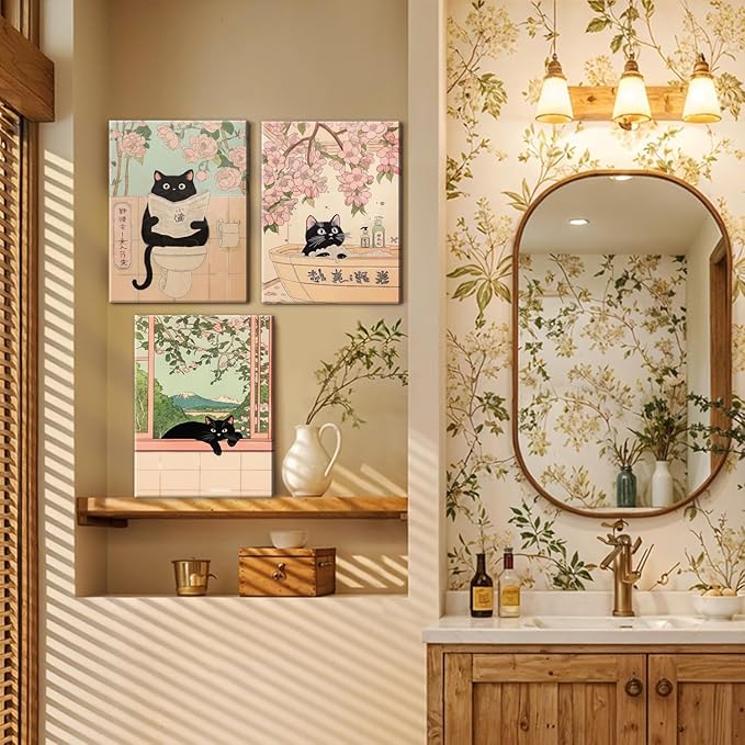 Japanese Bathroom Wall Art Set of 3, Cute Black Cat Bathtub Wall Decor, Funny Animal Reading Newspaper Canvas Prints for Bathroom Bedroom Laundry Room 12x16 inch Framed