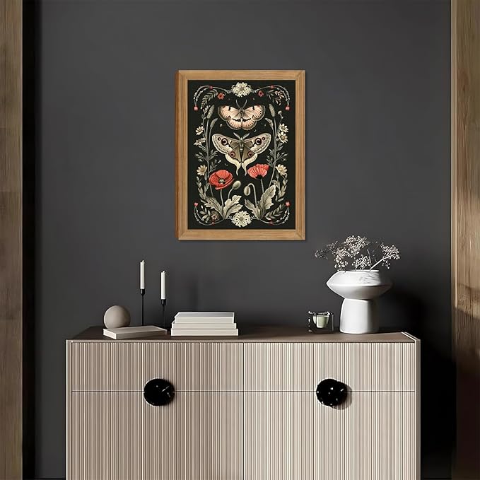 AKWISH Vintage Framed Wall Art - 3D Textured Classical Style Moth Pictures Wall Decor - Hand Drawn Flowers Nature Art Painting for Living Room Bedroom Home Decor 12x16in
