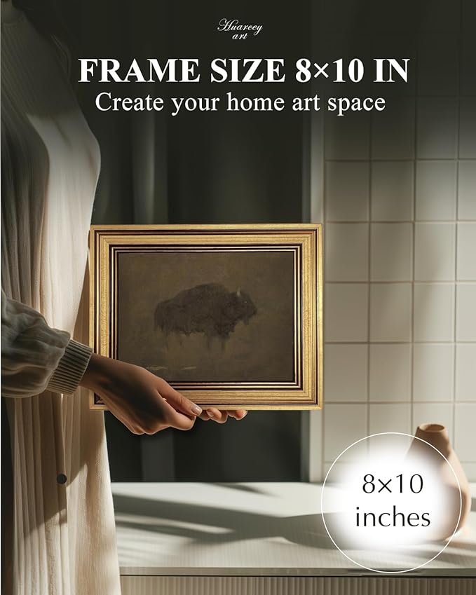 HUARCEY Gold Framed Canvas Wall Art, Retro Bison Picture Decor, Bedroom Bathroom Kitchen Farmhouse Decor, Moody Rustic Vintage Canvas Paintings, 8x10inch