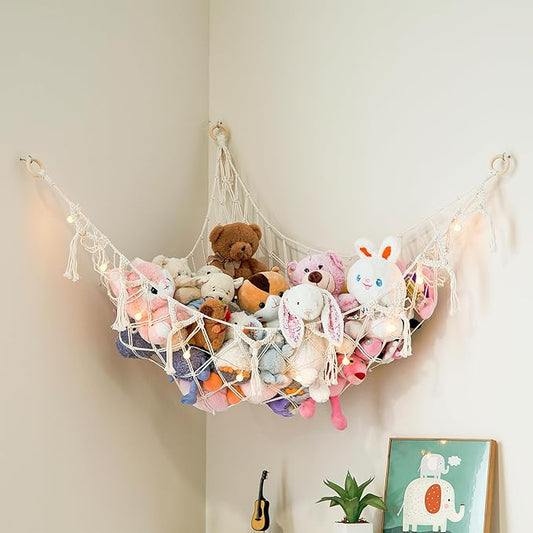 Lilly's Love Stuffed Animal Storage Macrame Hammock w/String Lights, Large - Boho Room Decor Toy Storage - Corner Hanging Plushie Stuffed Animal Net Organizer (White)