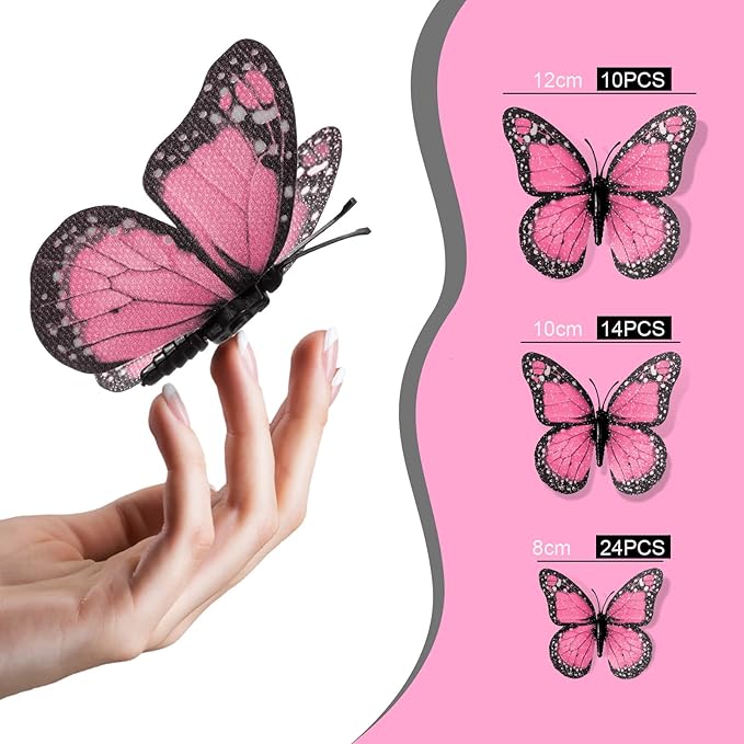 Chuangdi 48 Pcs Pink Monarch Butterfly Decorations 3 Size Fake Butterflies Realistic Butterfly Craft Artificial Mariposas Wall Decor for Craft Wedding Home Birthday Party (3.2inch,4inch,4.7inch)