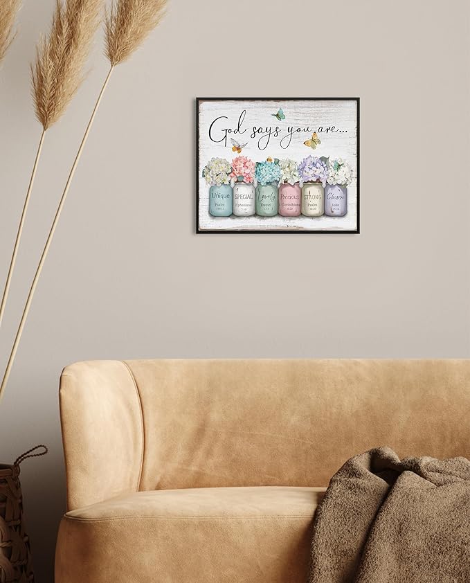 God Says You Are Wall Art: Christian Inspirational Bible Verse Wall Art Religious Scripture Encouragement Gifts for Women,Hydrangea in Mason Jar Prints Butterfly Posters Bedroom Decor 12" x 15"