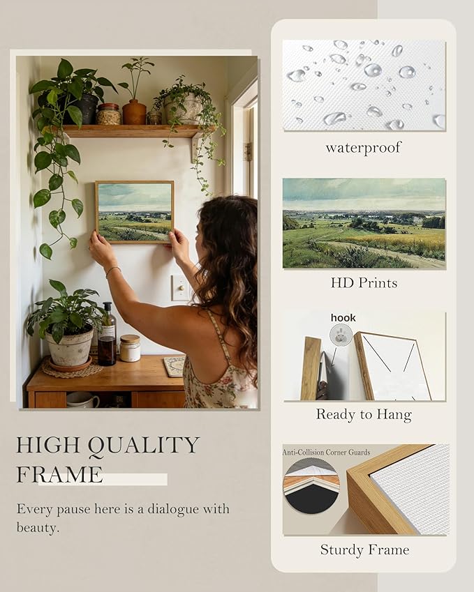 SHENIFY Vintage Landscape Framed Wall Art Rustic Countryside Meadow Farmhouse Decor Retro Grassland Painting for Kitchen Living Room Bedroom Bathroom - 8x10in Natural Framed